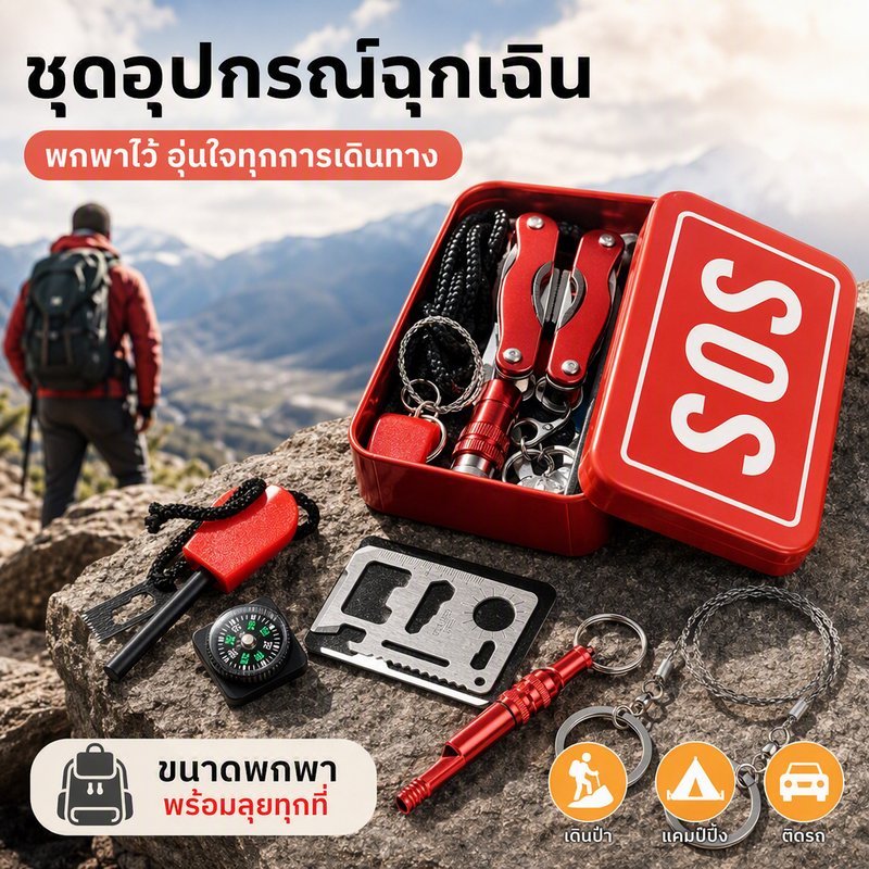 COD ชุดอุปกรณ์เอาตัวรอด SOS กล่องฉุกเฉิน พกพา เดินป่า แคมป์ปิ้ง คีมอเนกประสงค์ไฟ LED นกหวีด