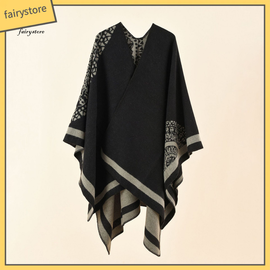 ร้านนางฟ้า| Poncho Coat หนา Patchwork เลียนแบบแคชเมียร์ Soft Touching ผู้หญิง Cape Coat สําหรับสภาพอ