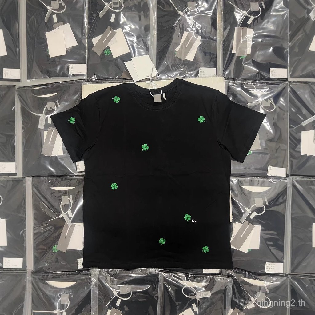 NQ3M CD * 26SS ผ้าฝ้ายหลวมรอบคอ Four-Leaf Clover ปักเสื้อยืดแขนสั้น Unisex
