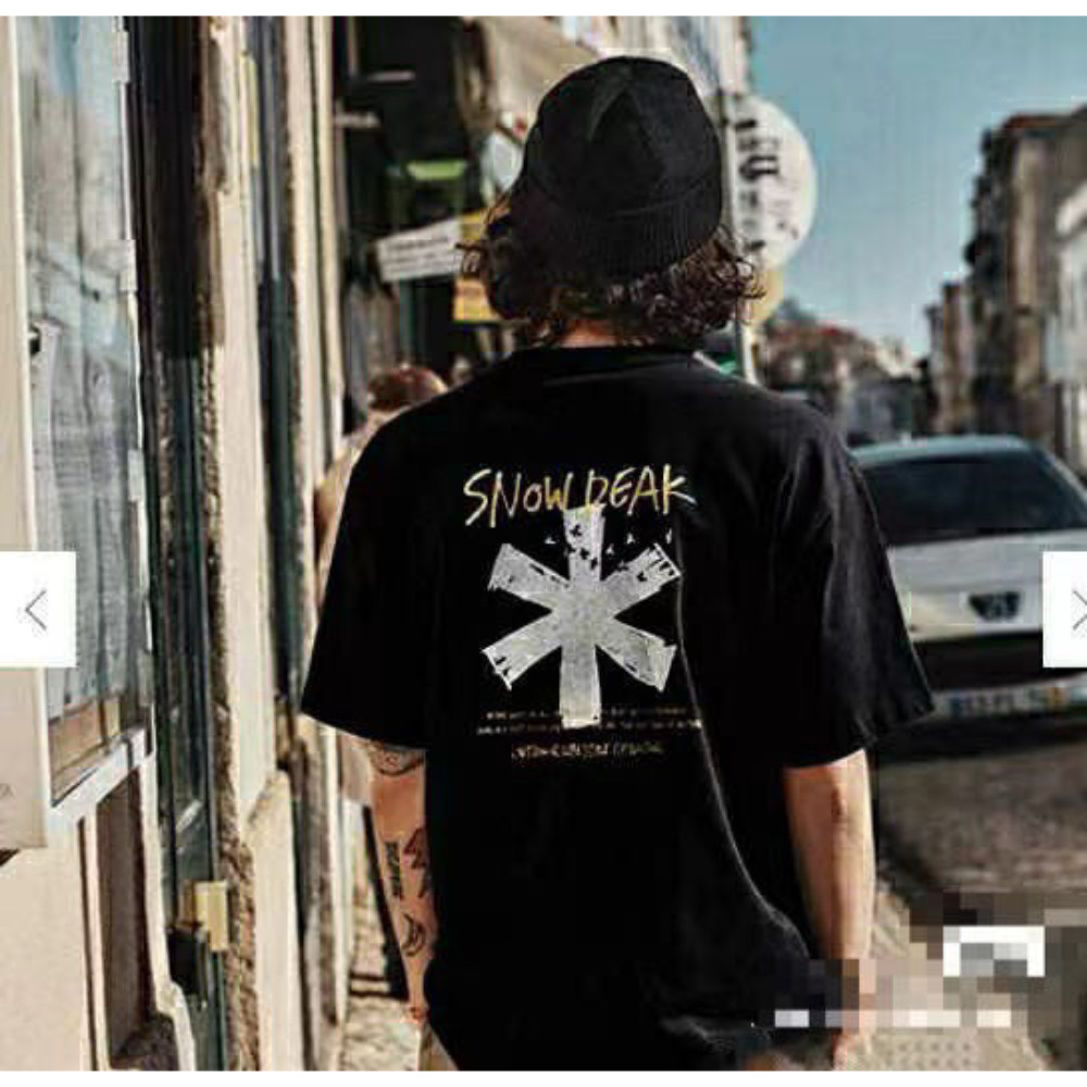 SNOW PEAK สไตล์ญี่ปุ่น 200GSM แขนสั้น 100% ผ้าฝ้ายพรีเมี่ยม Casual Tee Graffiti เต็นท์พิมพ์เสื้อ Uni