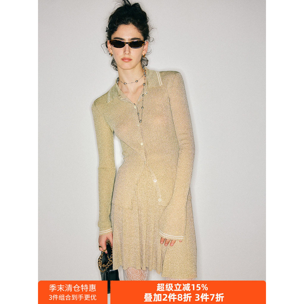 [Gilt Gloss] Commuter POLO Collar Gold Silk Pit Strip Slim-fit Slimmer Look Sweater Top + กระโปรงผู้