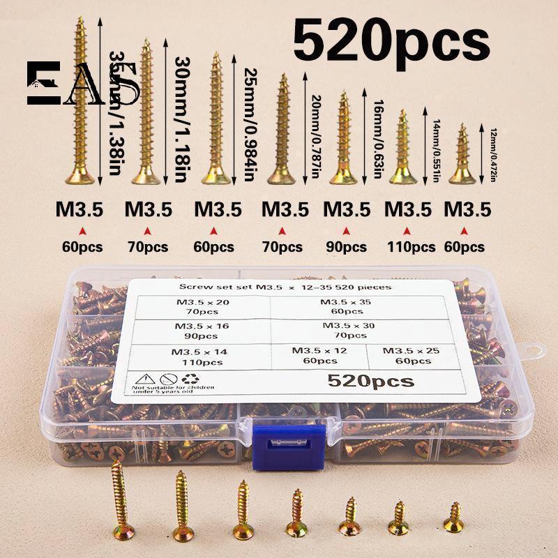 [EA] 520 ชิ้น M3.5 หัวจมสกรูแตะตัวเองชุดสกรูชุบสังกะสีสีสําหรับงานไม้อุตสาหกรรมตกแต่งบ้าน TH