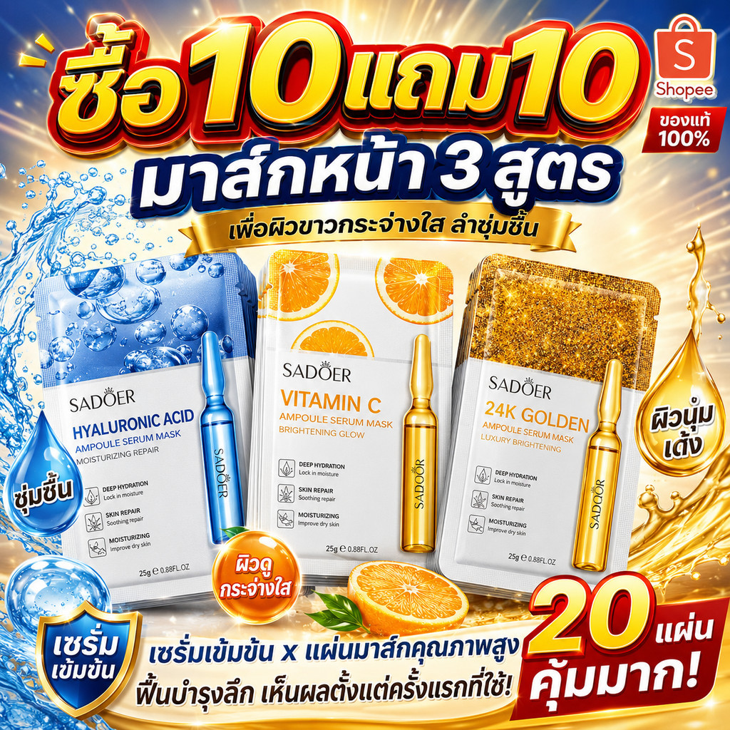 🔥ซื้อ 10 แถม 10🔥 SADOER มาส์กหน้า 3 สูตร Hyaluronic Acid Vitamin C 24K Gold ส่งจากไทย