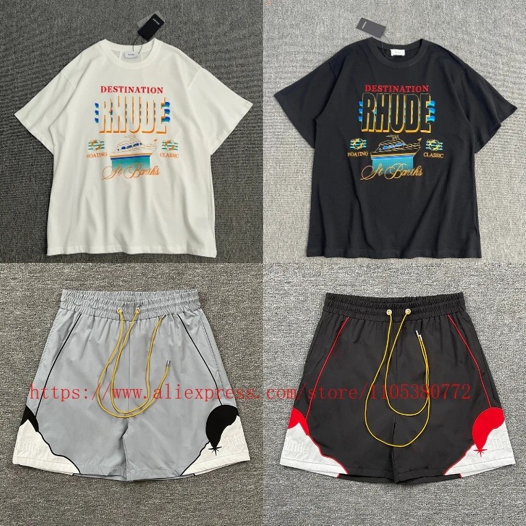 Ydy2026 ใหม่ RHUDE กางเกงขาสั้นลําลองผู้ชายพิมพ์หลวมไนลอน Drawstring บาสเกตบอล Street Beach กางเกงขา