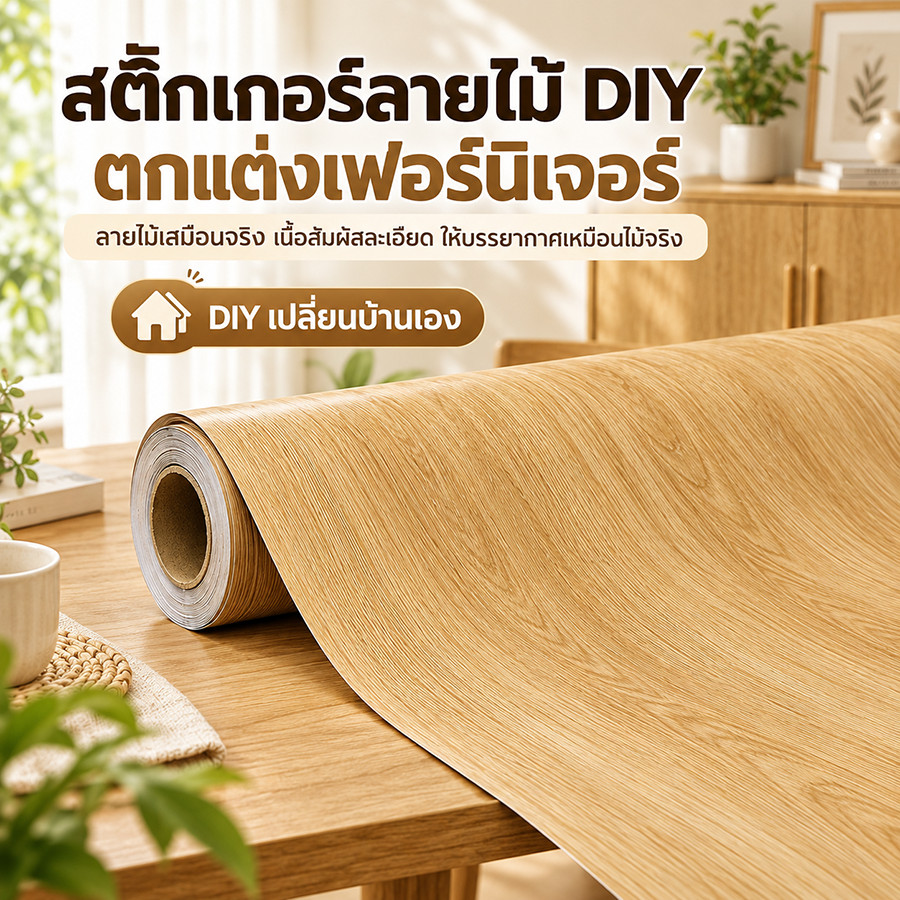 สติ๊กเกอร์ลายไม้ PVC กันน้ำ กันน้ำมัน มีกาวในตัว ลอกแล้วติดได้เลย 7 ลายให้เลือก 2 ผิว (ด้าน/เงา) ขนาด 60x100/300/500 ซม.