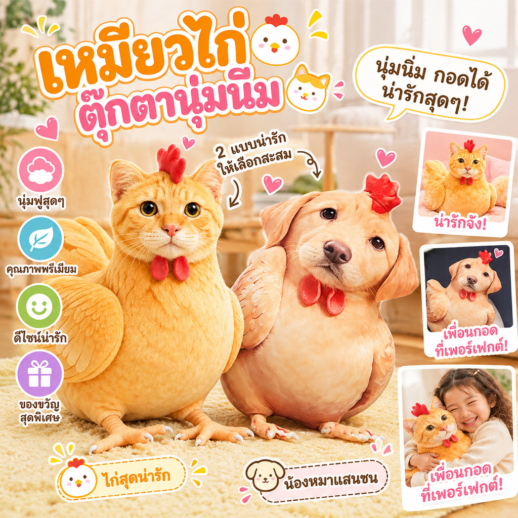 COD ตุ๊กตาไก่ รูปหน้าแมวตลก 30/45cm3D การออกแบบจำลอง นุ่มสบาย ของขวัญตลก ของขวัญวันเกิด