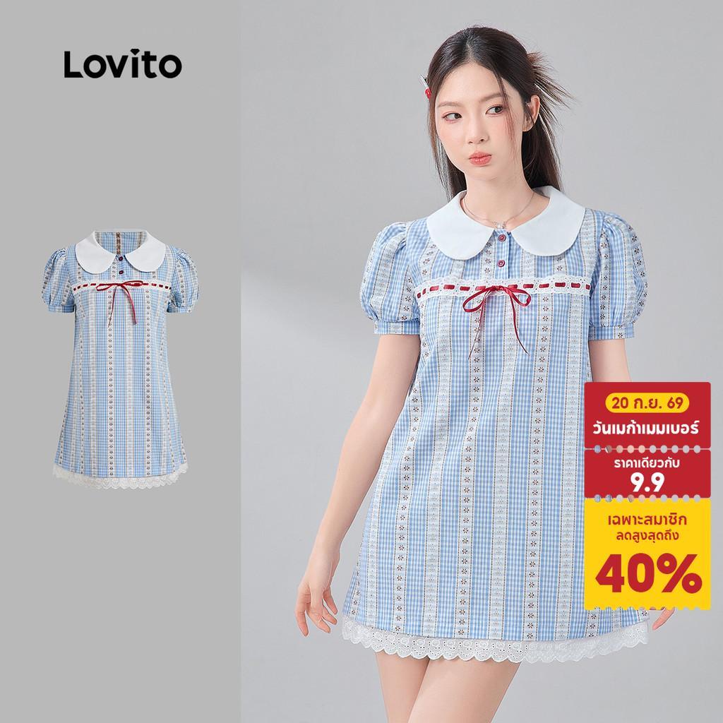 Lovito เดรสสั้นลายตารางน่ารัก แขนพอง คอปกปีเตอร์แพน ผูกโบว์ สไตล์เบบี้ดอลล์ สำหรับฤดูใบไม้ผลิ/ฤดูร้อน สำหรับผู้หญิง เกาหลี อินเทรนด์ LR21A085