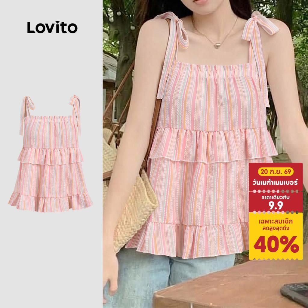 Lovito เสื้อเบลาส์ผู้หญิง แขนสั้น สีชมพู ประดับระบายและผูกโบว์ สไตล์ลําลอง เหมาะสําหรับฤดูใบไม้ผลิ/ฤดูร้อน ประจำวัน เกาหลี อินเทรนด์ L200AD148