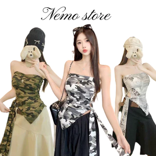 Nemo store🌸#FY66033 เสื้อเกาะอกเสริมฟองน้ำ ดีเทลลายทหารเท่ๆมีสไตล์น่ารักมาก