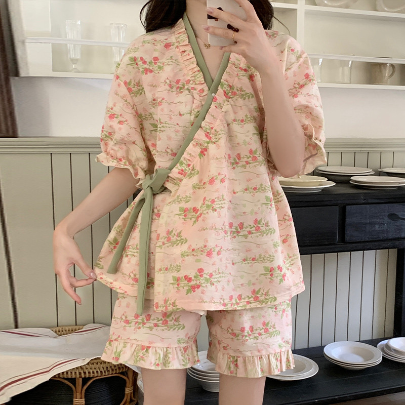 5 ชุดนอนใหม่สุภาพสตรีชุดกิโมโน Laced-Up แขนสั้น Tianxin สไตล์จีน Loungewear กางเกงขาสั้นบางชุดสามารถ