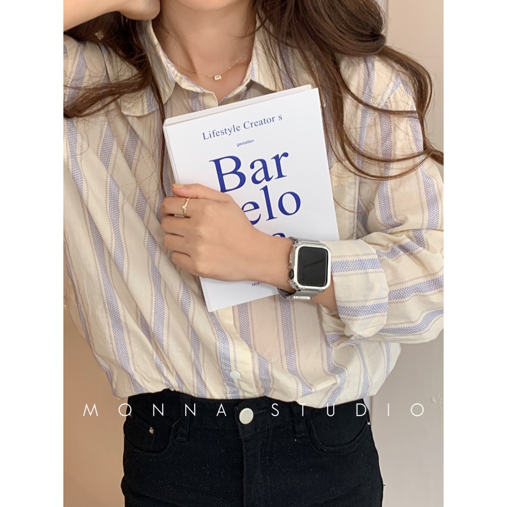 Monna Korean Blogger Same Style Silver Metal Milanese Business iwatch2345678Se Case ผู้ชายผู้หญิง