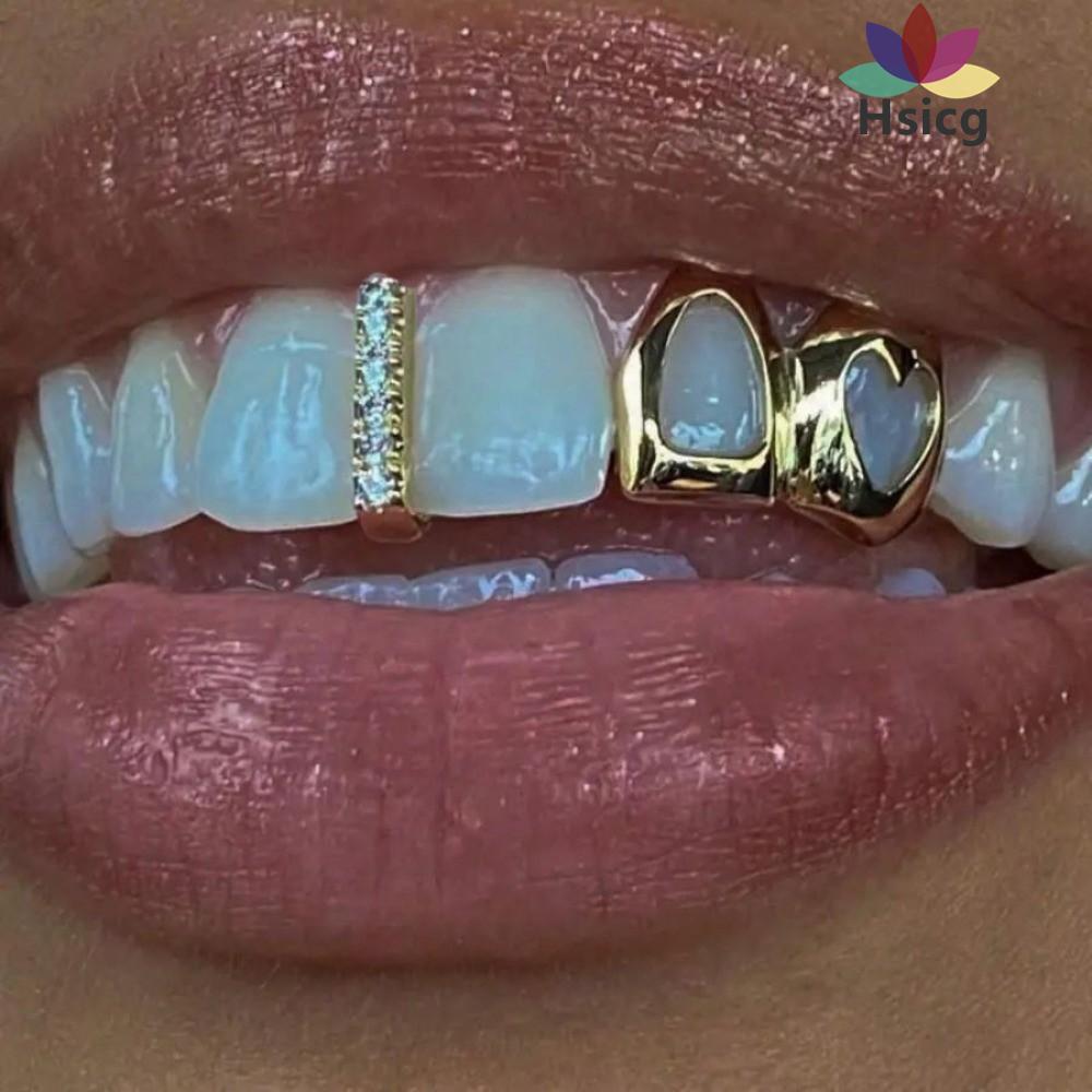 Grillz ทองคำลายหัวใจคู่ แบบพังค์ พร้อมเพชรซิทรอนเงางาม