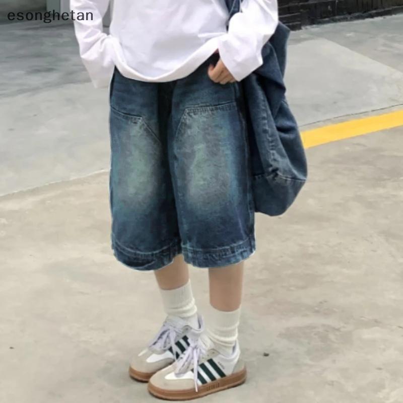 Eso Y2K Vintage Baggy Jean กางเกงขาสั้นสตรีล้างขากว้าง Capri กางเกง Casual Barrel กางเกงยีนส์กางเกงย