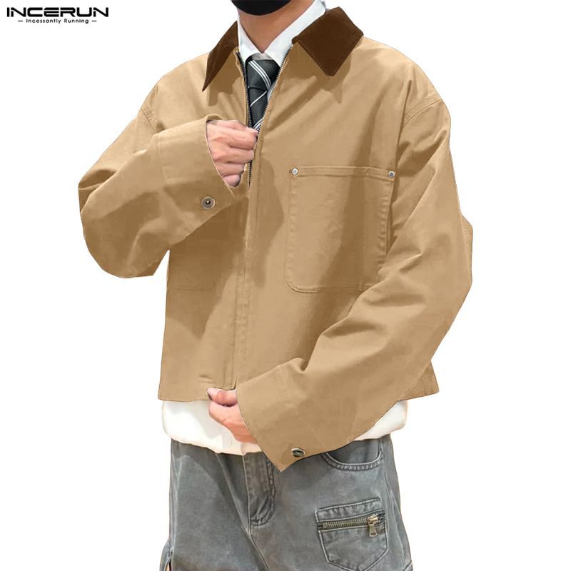 INCERUN ผู้ชายเกาหลีฤดูใบไม้ร่วงแขนยาว Corduroy Patchwork Barn เสื้อแจ็คเก็ตกันลม