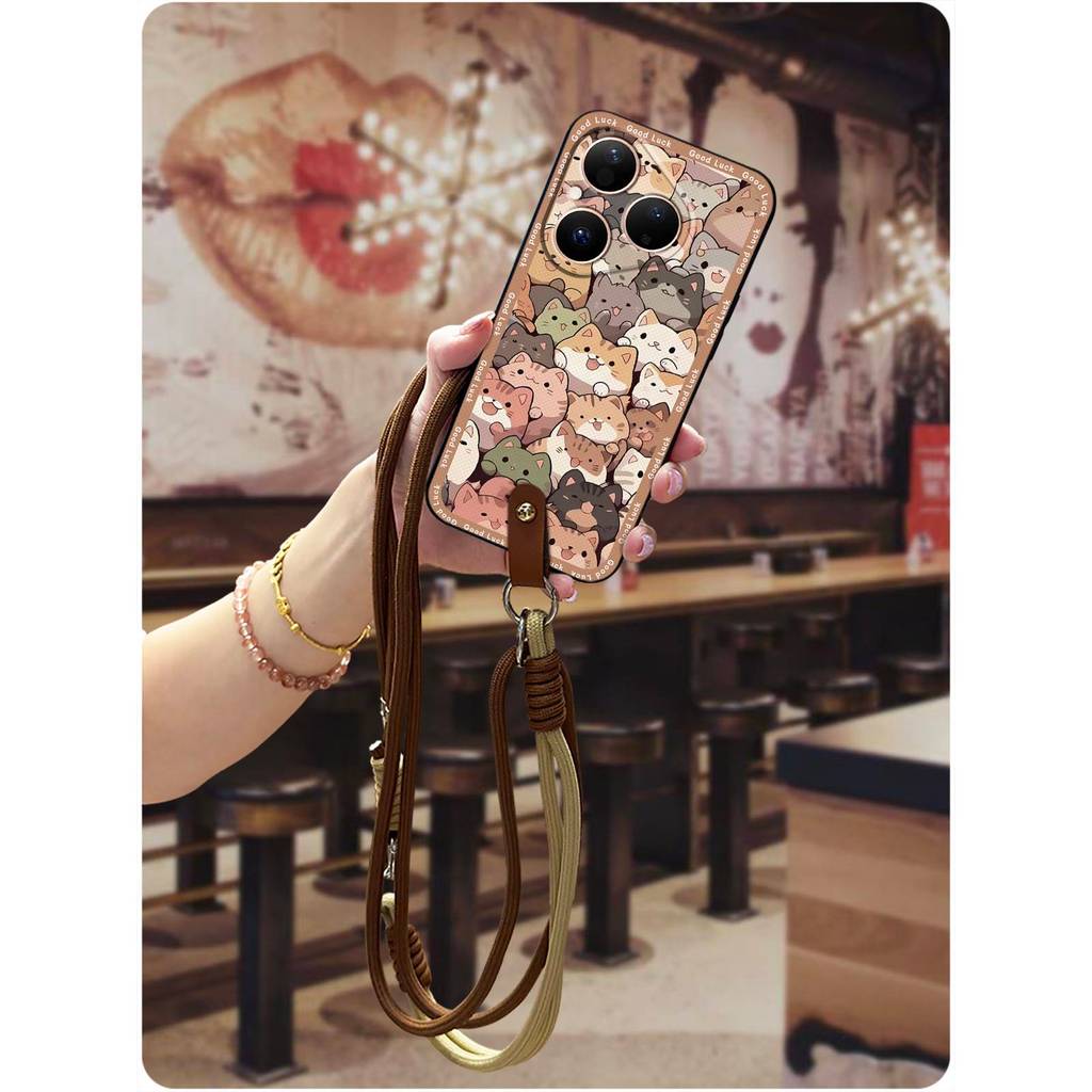 Full wrap เคสโทรศัพท์แนวทแยงสําหรับ Huawei P80/Pura80 ทนทาน Lanyard แฟชั่นออกแบบสร้อยคอการ์ตูน Anti-