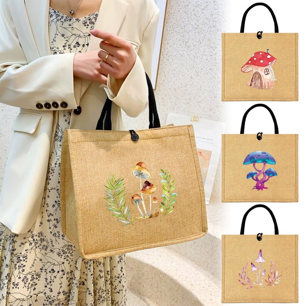 Travel Jute Handbags Aestheticly pever Key Card Case Coin Pocket Large Capacity Storage bag Mushroom
