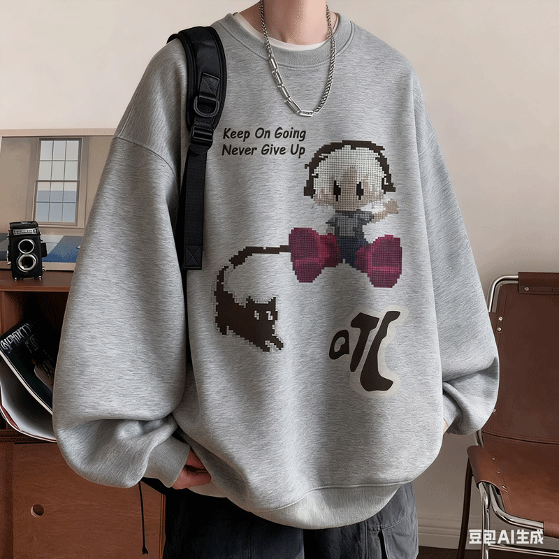 สื้อยืดแขนยาววีสำหรับชาย สไตล์ย้อนยุคอเมริกัน สไตล์休闲 หลวมสบาย รายการใหม่ฤดูหนาวและใบไม้ร่วง - รูปที่ 2