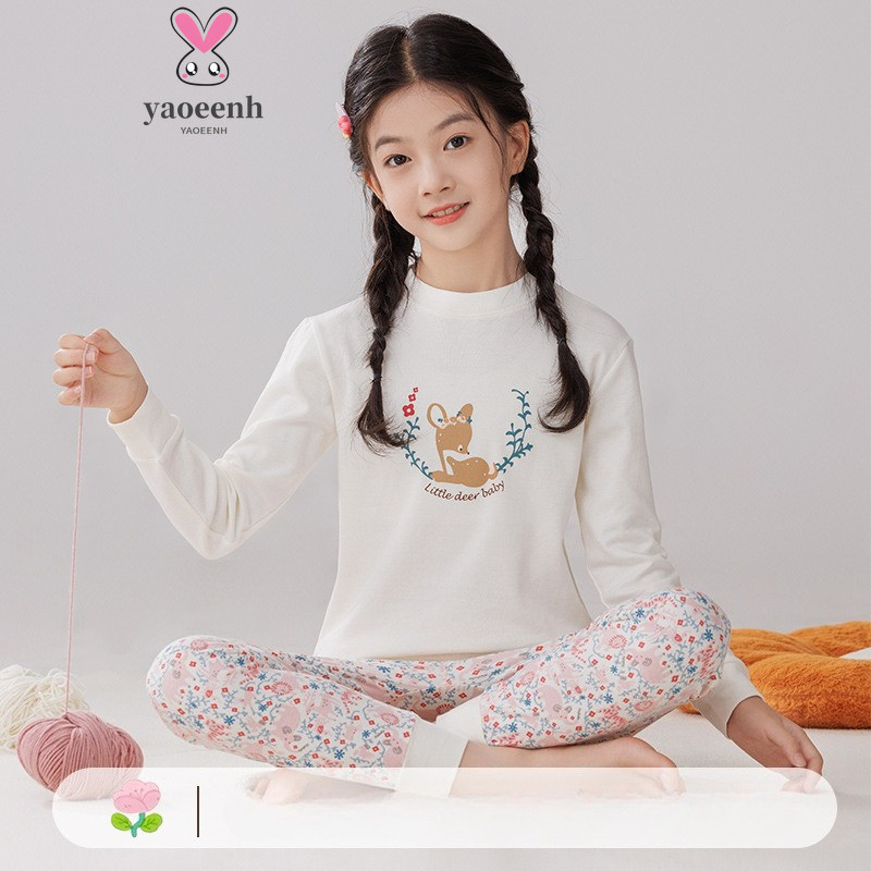 【YAOEENH】ชุดนอนลายพิมพ์สำหรับเด็กโต แบบสองชิ้น สวมใส่สบาย ในหน้าฝนและหน้าหนาว ผลิตจากผ้าฝ้ายแท้ ไซส์ M-L