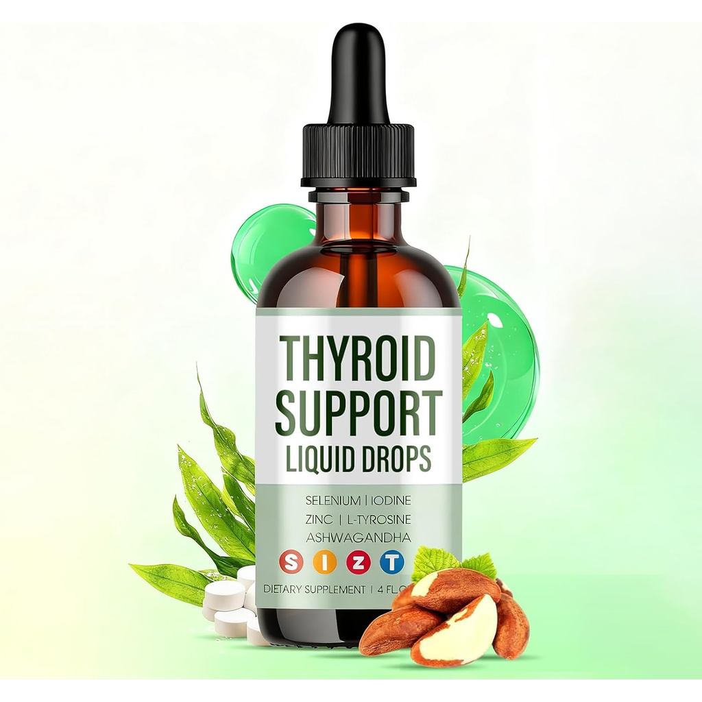 Thyroid Support Liquid Drops – Iodine Drops with Selenium, Zinc, L-Tyrosine & Ashwagandha – Supports