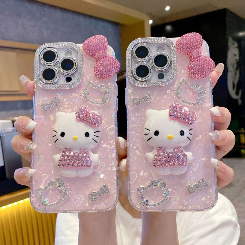 3Dวางเพชรโบว์การ์ตูนแมวเลเซอร์สีชมพูสําหรับiPhone 11 12 13 14 15 16 17 Pro Max Plus Airปลอกส่วนบุคคลหญิงเคสโทรศัพท์สําหรับiPhone 17Promaxฝาครอบ