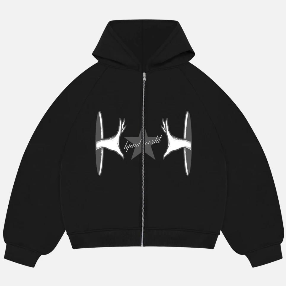 Baju Hoodie Boxy Hitam Dream Hands / Zipper Hoodie Boxy / Zipper Boxy Fleece