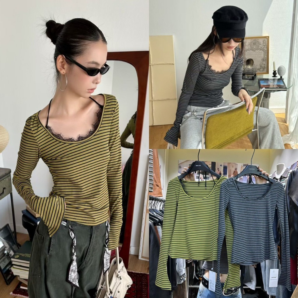 ❤ 🧵 🇰🇷 SU555 เสื้อแขนยาวลายขวาง คอกลมกว้าง แต่งผ้าลูกไม้ที่คอ ผ้าดี ใส่สบาย ยืดหยุ่นได้ดี ผ้าแฟชั่นเกาหลี TAG SU 🧵🧡