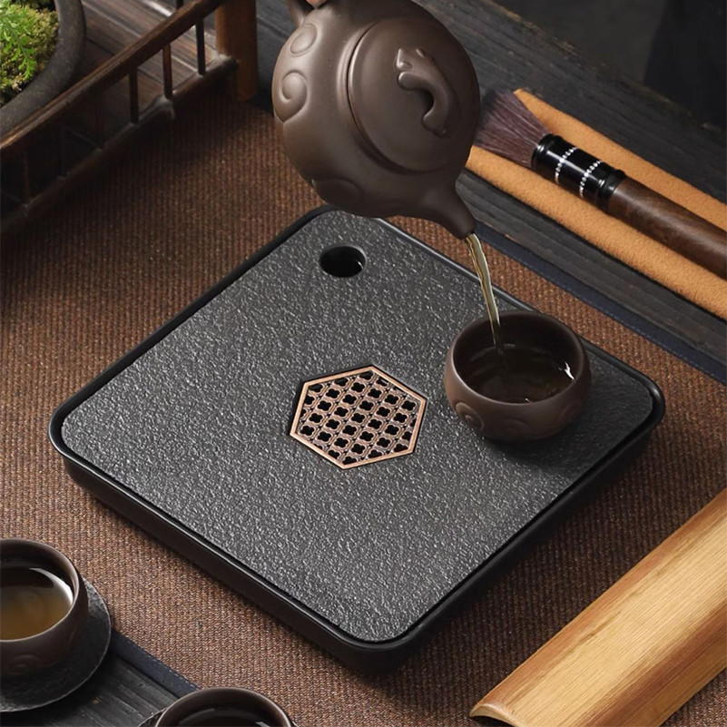 ถาดชาที่ทำจากเมลามีน ถาดชาสีดำขนาดเล็ก ถาดชาสไตล์จีน อุปกรณ์เสริม Tea Ceremony Draining Tea Tray