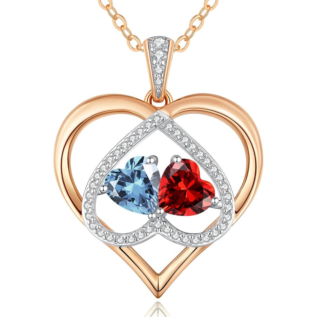 CDE Rose Gold Double Birthstone สร้อยคอพร้อมจี้สองหินกำเนิดสำหรับแม่และภรรยา