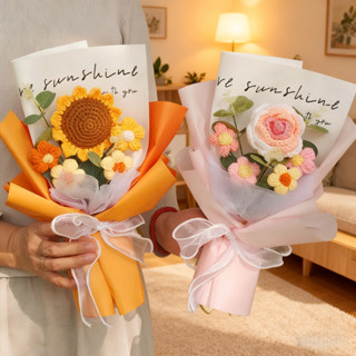 ดอกทานตะวันโครเชต์ช่อดอกไม้ของขวัญวันแม่ทอมือดอกกุหลาบของขวั…