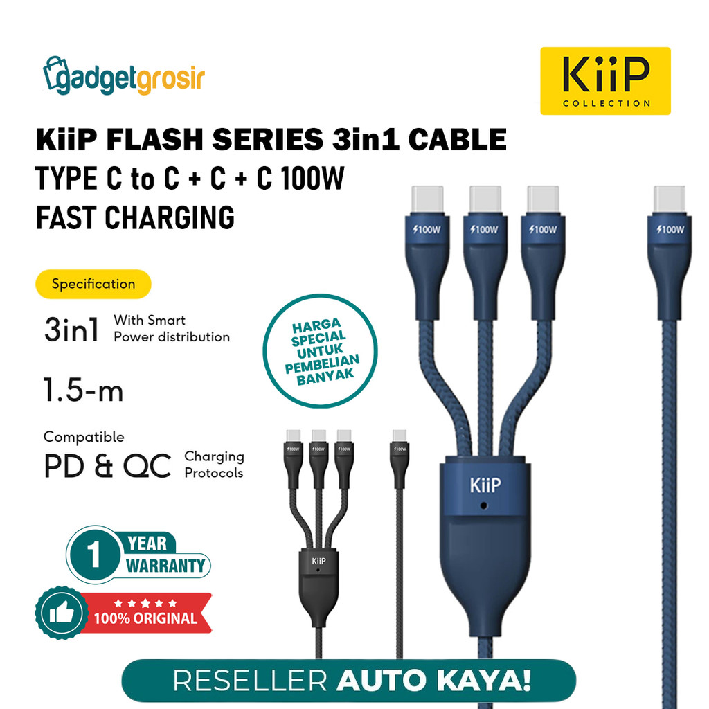 KiiP Flash Series 3in1 Type C to C+C+C Data Cable 100W Fast Charging 1.5 เมตร HP Laptop Tab 3 Plug T