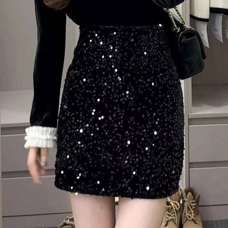 กางเกงเอวสูงSlimmer กระโปรงหนังทรง A-line ลายทางใหม่สำหรับฤดูใบไม้ร่วง สีดำ กระโปรงสั้นพร้อมสต็อก