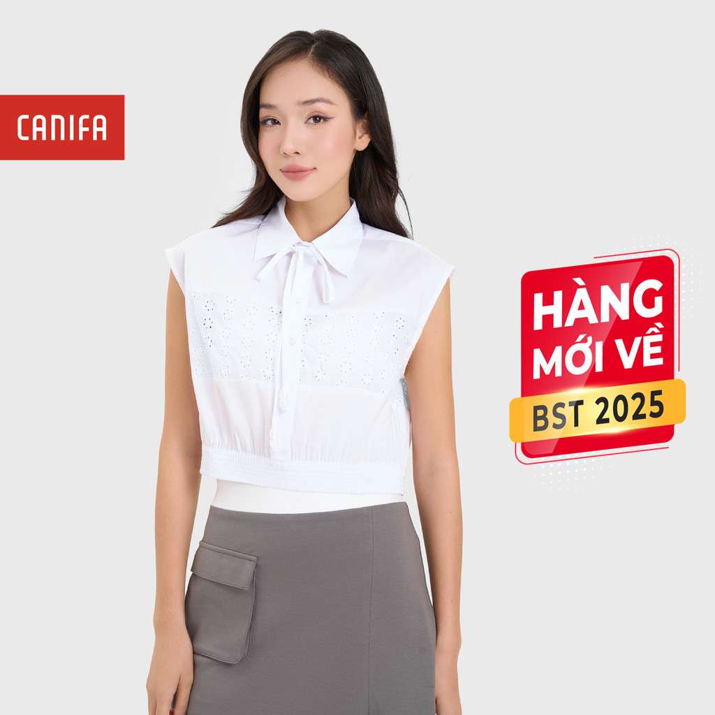 CANIFA เสื้อเชิ้ตสั้นผู้หญิงคอปกเยอรมันและลูกไม้ 6TH25S007