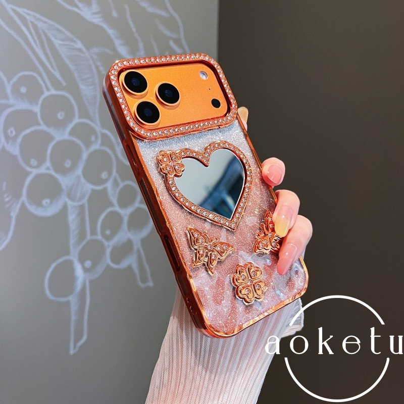 เหมาะสําหรับ ไอโฟน 17 โปรแม็กซ์ เคสโทรศัพท์ผู้หญิง แอปเปิล 16 มือโปร เคสป้องกันกระจกสัมผัสรูปหัวใจประกายเพชรสีส้ม 17 ซิลิโคนป้องกันการตกฝา