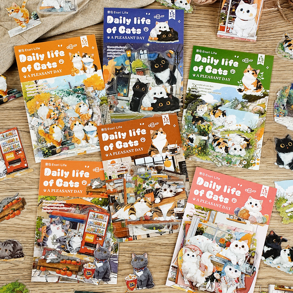 สติ๊กเกอร์แพ็ค Meow Meows Daily Series Cat Theme Handbook ตกแต่งฐานวัสดุสติกเกอร์ 15 แผ่นใน 6 รูปแบบ