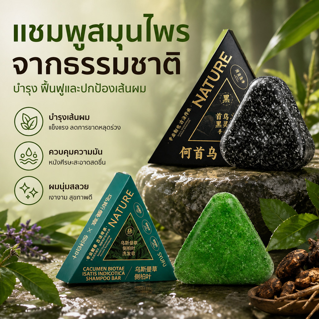 NATURE สบู่สมุนไพร สบู่สระผมรากโสมดำ  สูตรอ่อนโยน ลดผมร่วง ผมหนาดกดำ เร่งผมยาว บำรุงเส้นผม แชมพู ขจัดรังแค ลดอาการคัน