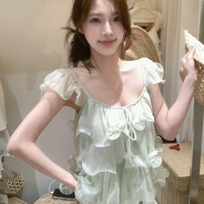 อ่อนโยนสไตล์เกาหลีหวานใบบัวเสื้อชีฟองเสื้ออารมณ์ตุ๊กตา Laced-Up หลวม Slimmer ดูผู้หญิงบาง 7.2
