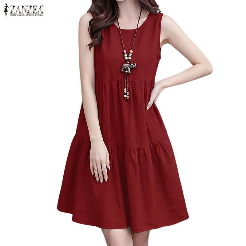 ZANZEA ผู้หญิงฤดูร้อนเกาหลีวันหยุดสบายๆลูกเรือคอแขนกุด Ruffles Splicing A-Line Tank Dresses — صورة 6
