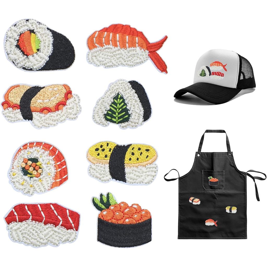 8PCS Sushi Nigiri Inari เหล็กบนแพทช์, อาหารญี่ปุ่นปักซ่อมแพทช์สําหรับเสื้อผ้า, Custom Sashimi Temaki