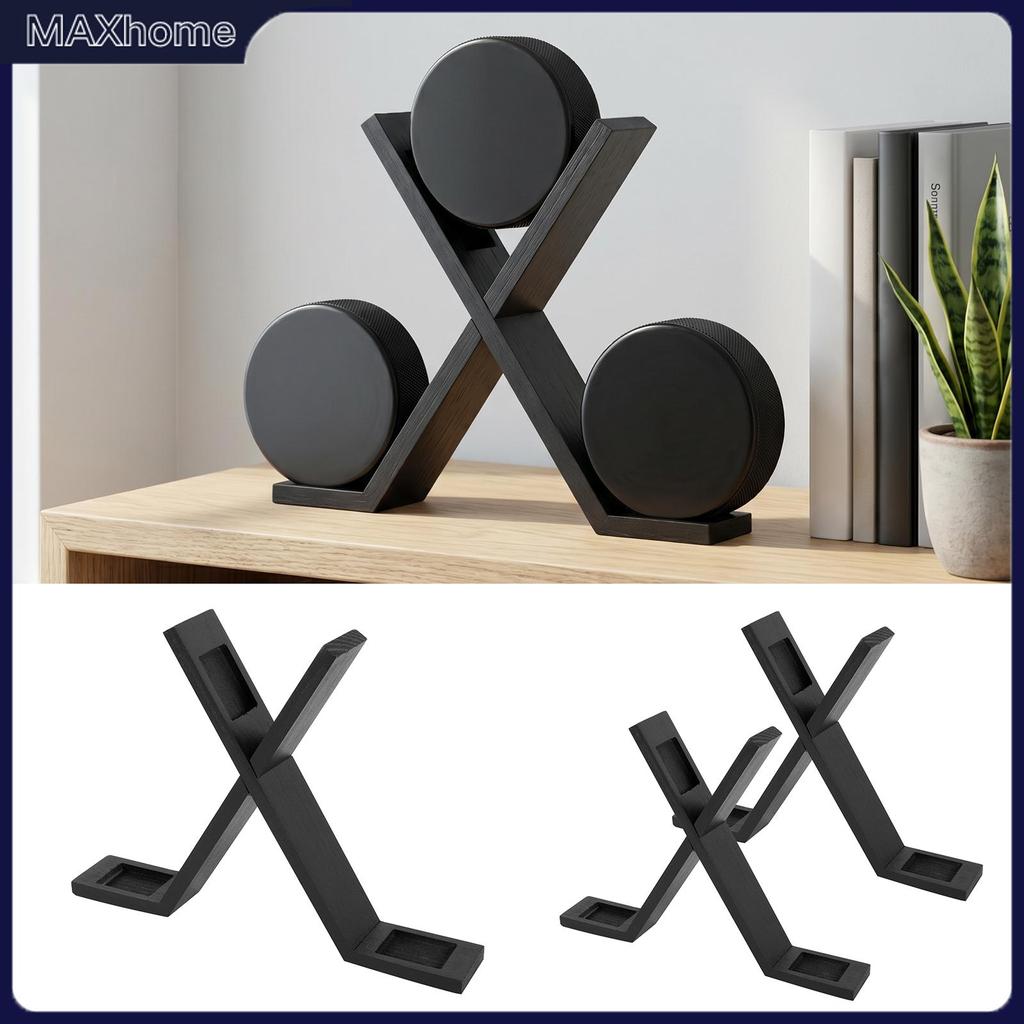 X Shape Hockey Puck Holder Wood Puck Display Case to Hold 3 Hockey Pucks for Home Desktop Bookshelf 
