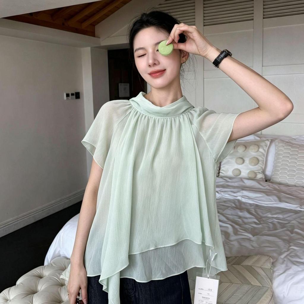 [จํากัดเวลา Seckill] การออกแบบไม่สม่ําเสมอ Streamer Feeling เสื้อชีฟองแขนสั้นผู้หญิงฤดูร้อนสไตล์ใหม่ Cool Feeling สวย