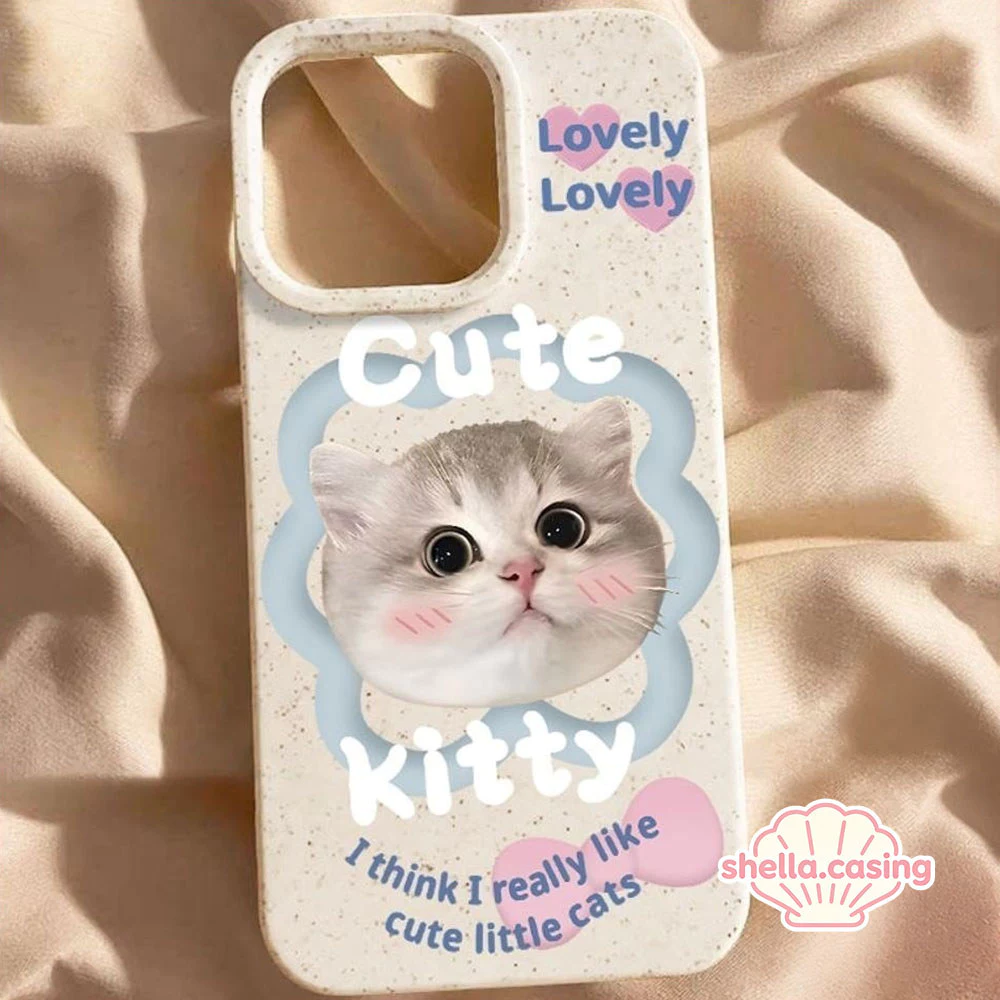 เคสไอโฟน11 For iPhone 15 13 12 16 17 14 11 PRO MAX เคส ปลอกสีขาวเป็นมิตรต่อสิ่งแวดล้อม ลูกแมวเค้กสีฟ้าสีชมพูแห่งความรัก