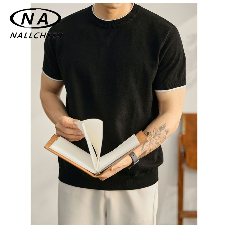 NALLCHEER เสื้อยืดแขนสั้นผู้ชาย Old Money Style round Neck Top