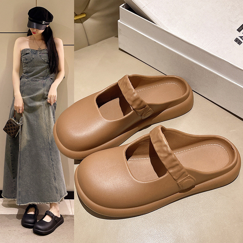 รองเท้าแตะฤดูร้อน Baotou Retro Mary Jane รองเท้าแตะรองเท้าแตะผู้หญิงสวมใส่ด้านนอกหนา Soled Anti-Slip นุ่ม @-