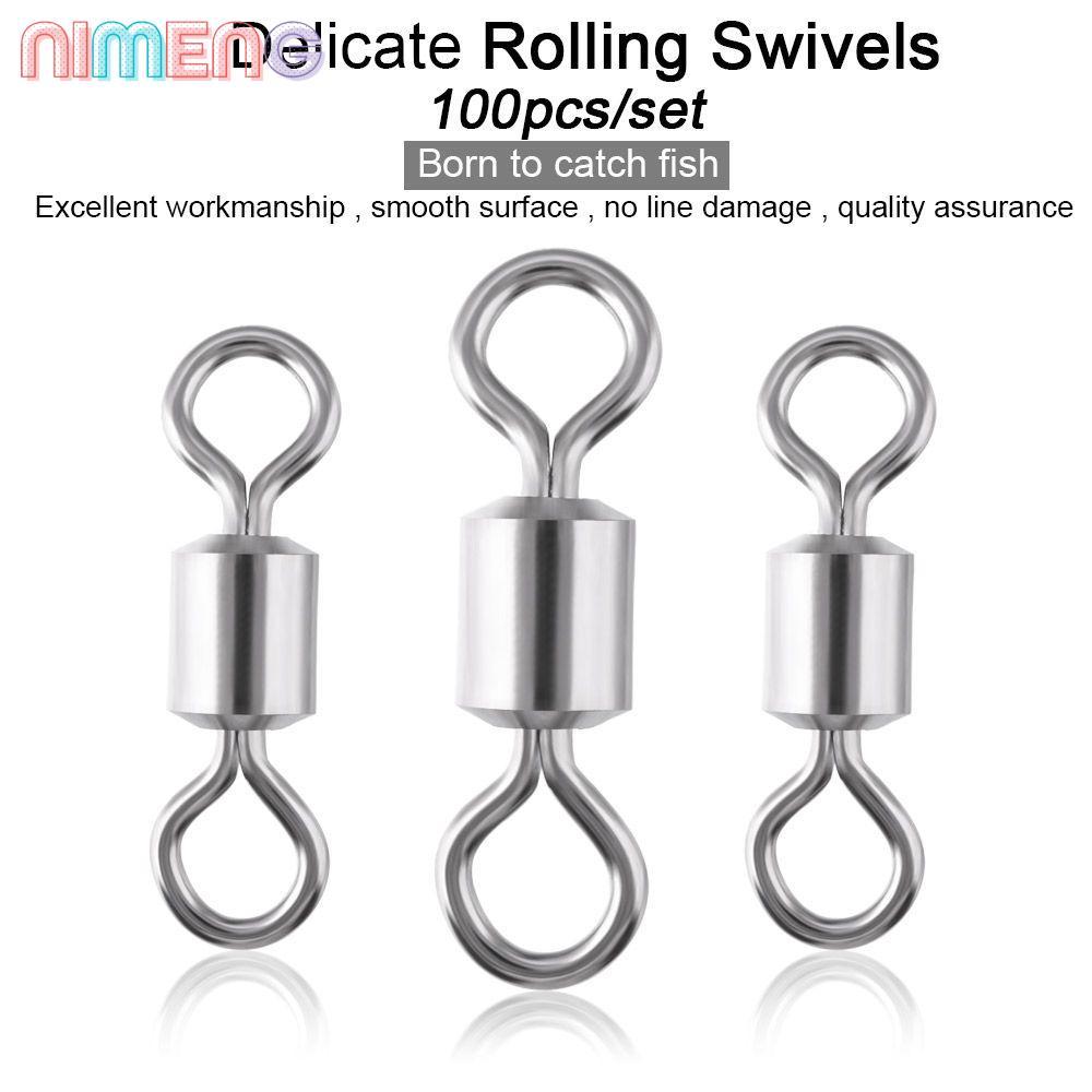 NIMENG 100 ชิ้น/ล็อตตกปลาเชื่อมต่อหลายขนาดอุปกรณ์ตกปลาแบริ่ง Barrel Rolling Swivels