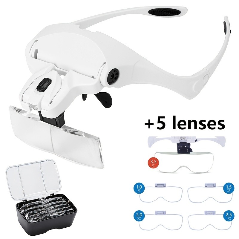 แว่นขยาย LED แบบติดศีรษะพร้อมเลนส์สํารอง 5 เลนส์, แว่นขยาย Loupe 1X-3.5X