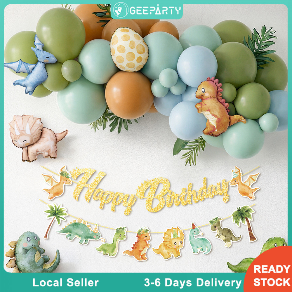 GeeParty ชุดลูกโป่งฟอยล์ไดโนเสาร์ T-Rex 53 ชิ้น โทนเขียวมะกอก น้ำตาล พร้อมซุ้มลูกโป่ง ตกแต่งวันเกิดเด็ก ธีมไดโนเสาร์ ลูก