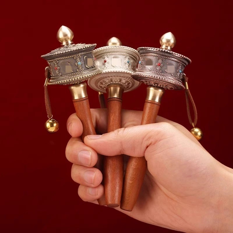 New Tibetan hand-cranked prayer wheel with wooden handle, alloy inlaid beads, embossed design, mini 