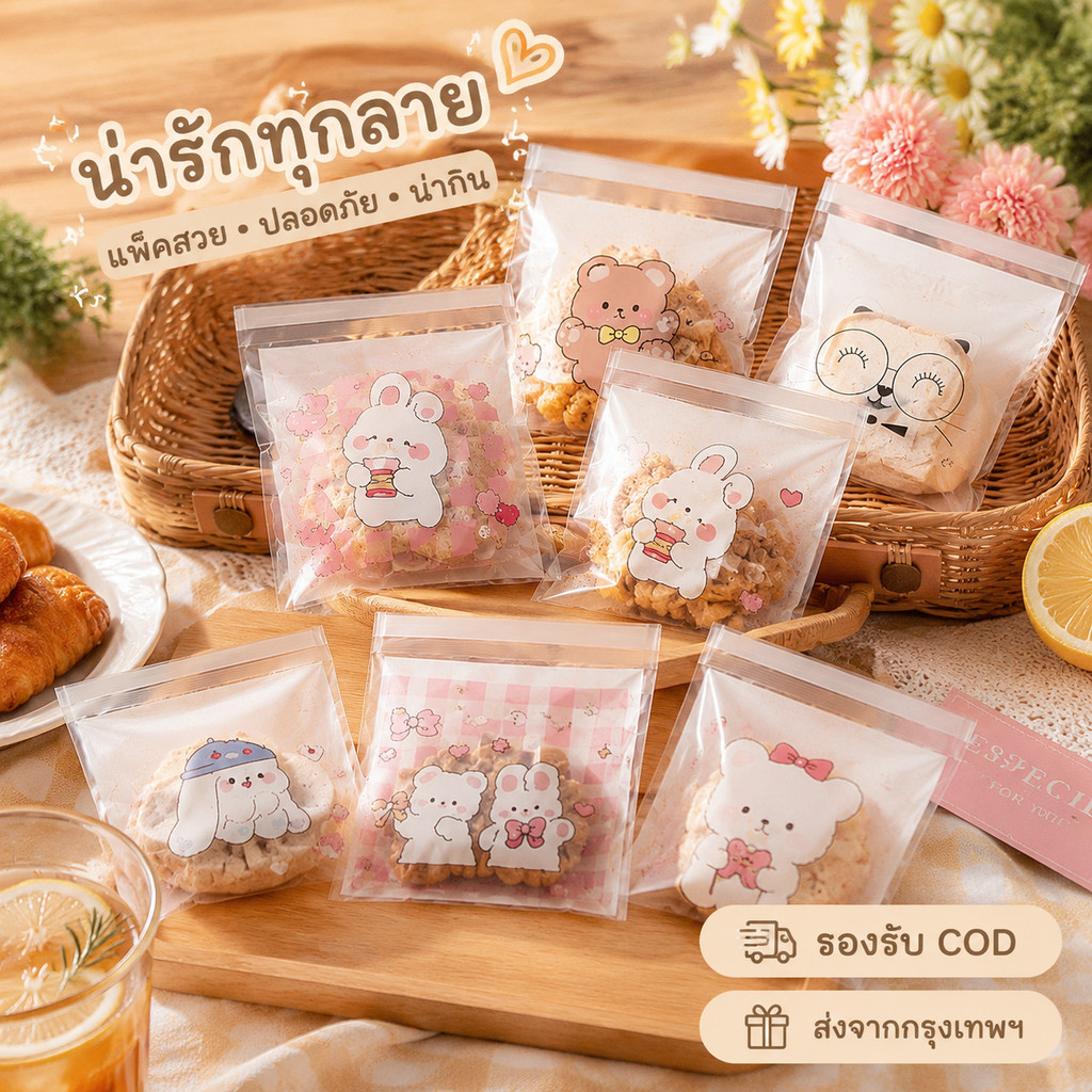 ถุงฝากาว 10x10 ซม. ลายน่ารัก 100 ใบ/แพ็ค ถุงคุกกี้ ถุงขนม ถุงเบเกอรี่ แพ็กขนม DIY