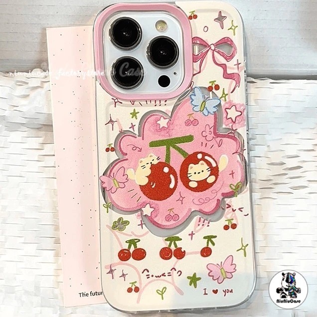 เคสคู่ แฟชั่นเชอร์รี่เข้ากันได้เคสไอโฟน 11 13 16 15 17 12 Pro Max 12 Pro 15 8 7 14 Plus XR X XS Max โบว์หวานลูกสุนัขเคส
