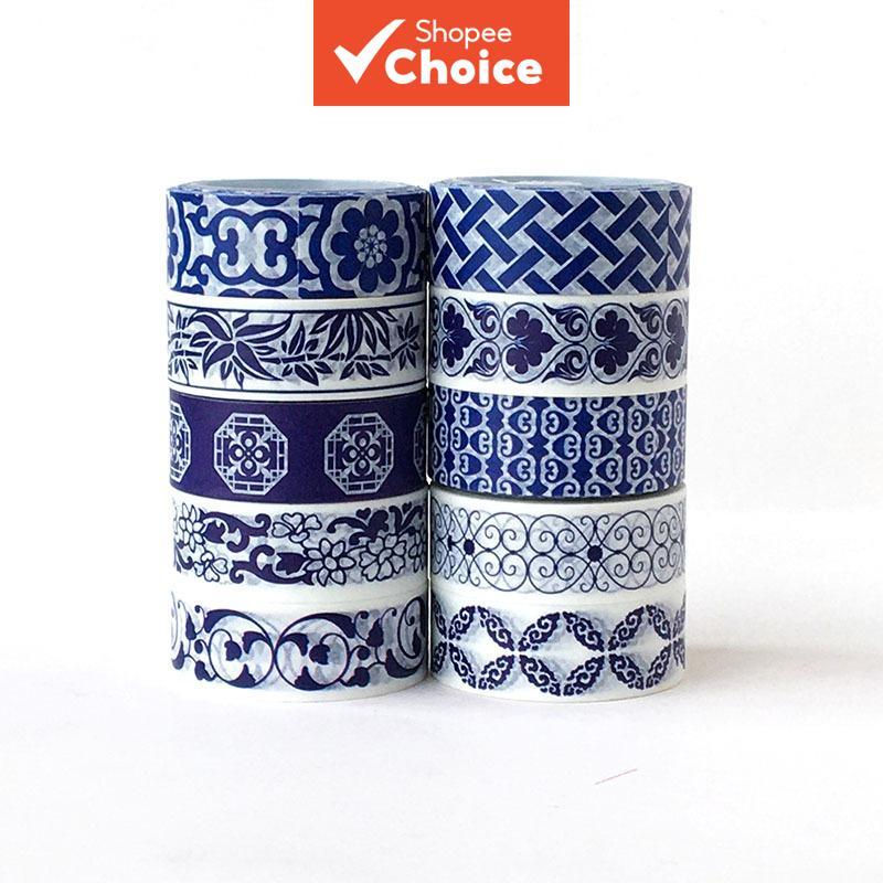 เทป Washi Porcelain สีขาววินเทจ 10 ม้วนรูปแบบเซรามิกแบบดั้งเดิมสไตล์ชาติพันธุ์จีนสําหรับหัตถกรรม